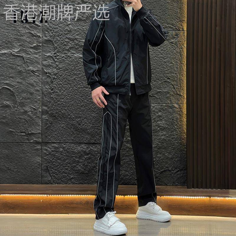 休闲运动套装男士春秋季时尚高级感线条立领开衫夹克男装搭配一套