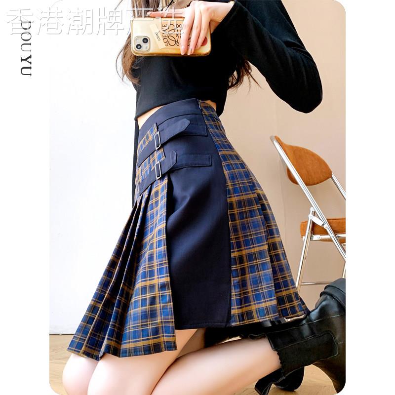 jk格子百褶裙女春秋季2026新款小裙子不规则高腰a字短裙半身裙子