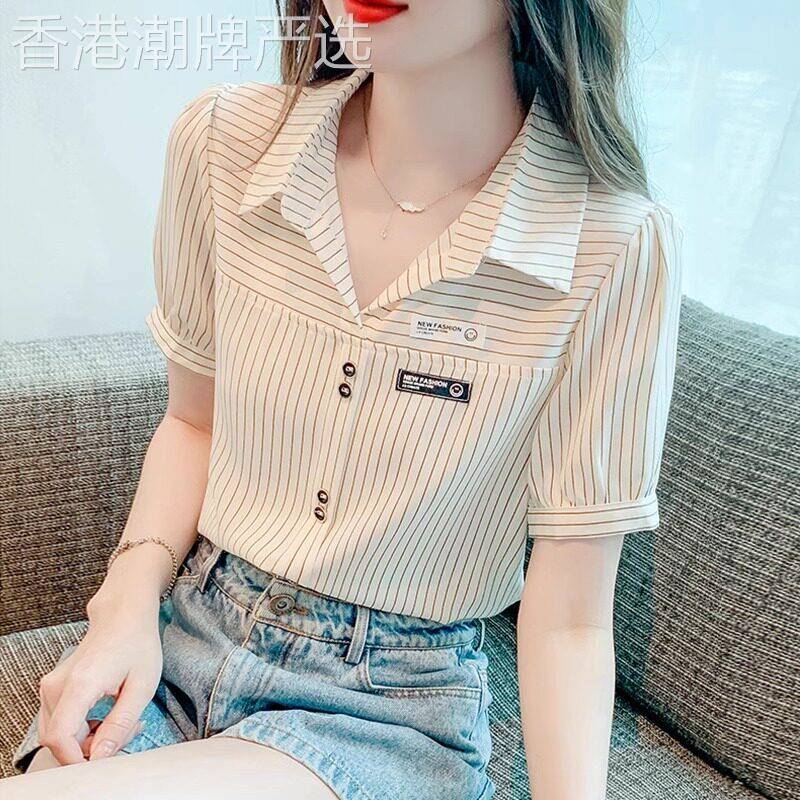 高端条纹短袖雪纺衬衫女士夏季2025新设计利基年龄减少美丽的衬衫