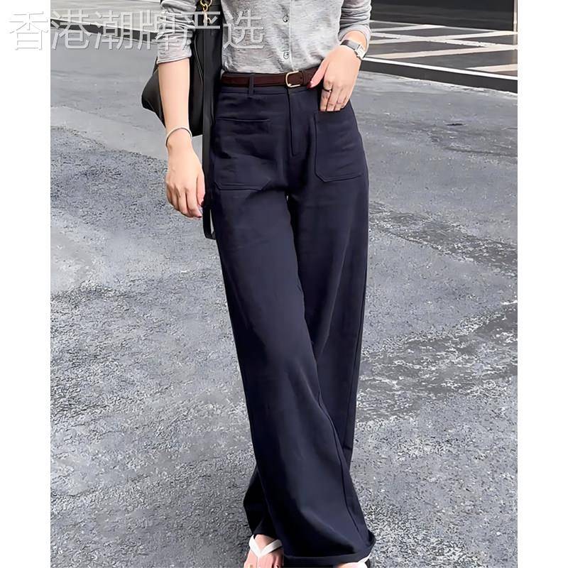 深蓝色休闲裤女2026春季新款高腰显瘦时尚简约宽松百搭阔腿裤子