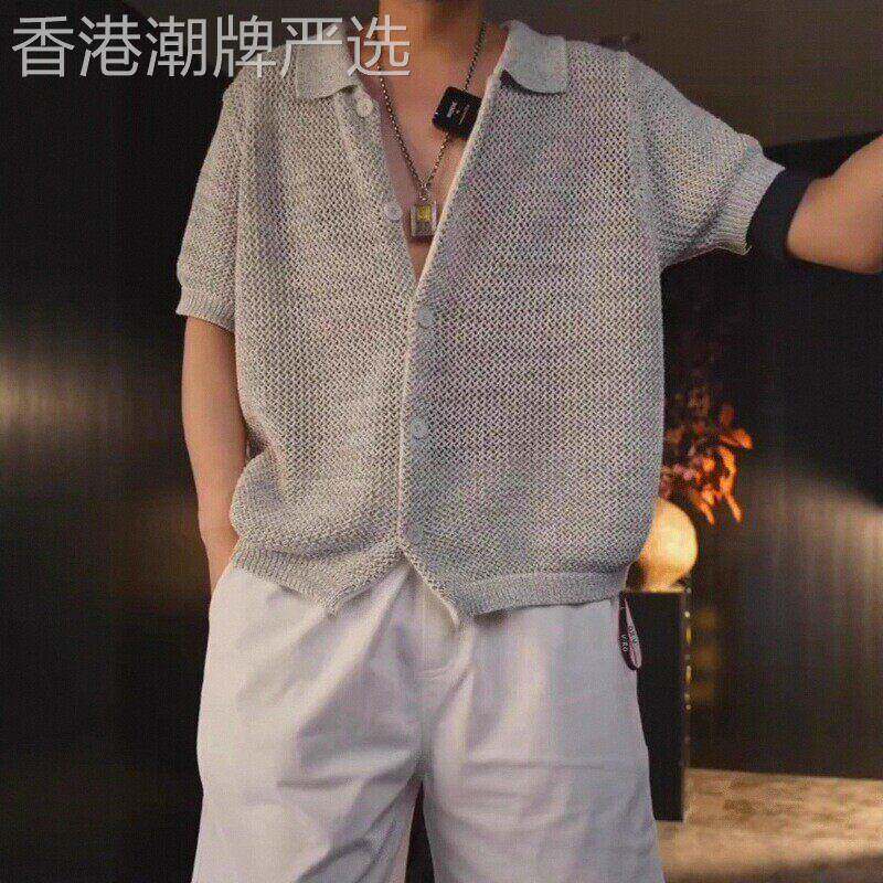 夏季新款老钱风镂空短袖衬衫男轻薄高端复古休闲透气短款针织衬衣