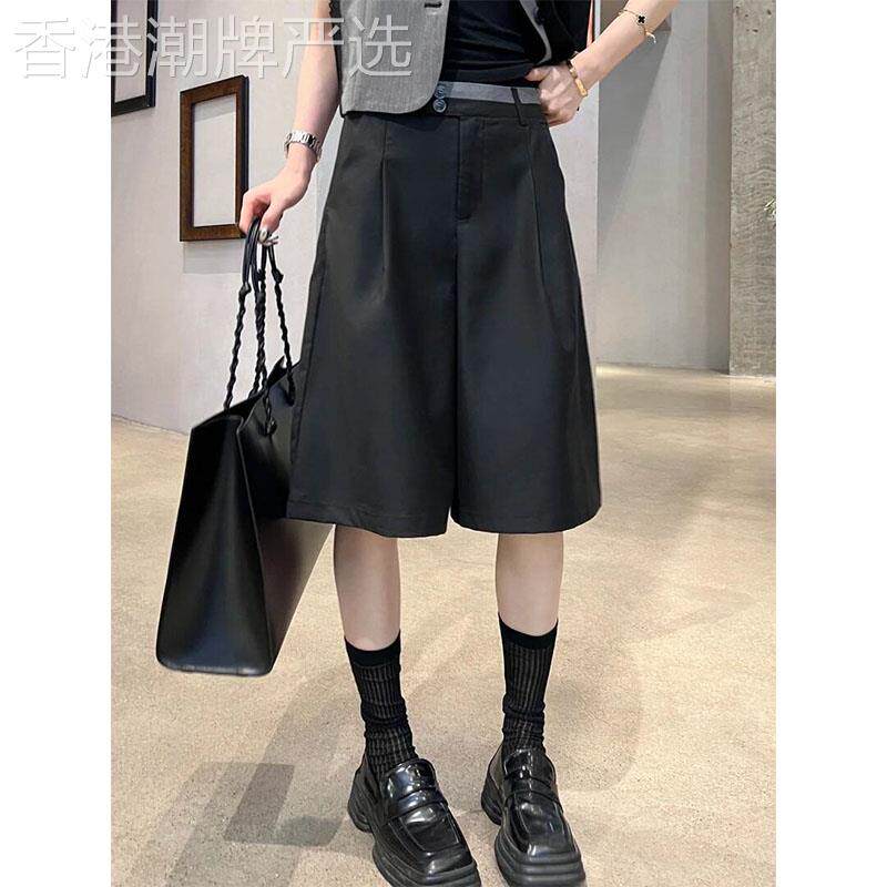 黑色高腰直筒五分裤女士春秋欧货韩系宽松显瘦休闲阔腿裤职场穿搭