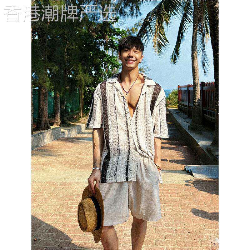 海岛度假风镂空条纹针织短袖衬衫男夏季老钱风亚麻短裤搭配一整套