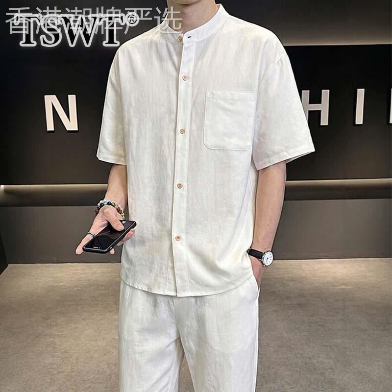高端亚麻运动套装男夏季薄款宽松百搭短袖衬衫休闲长裤男款两件套