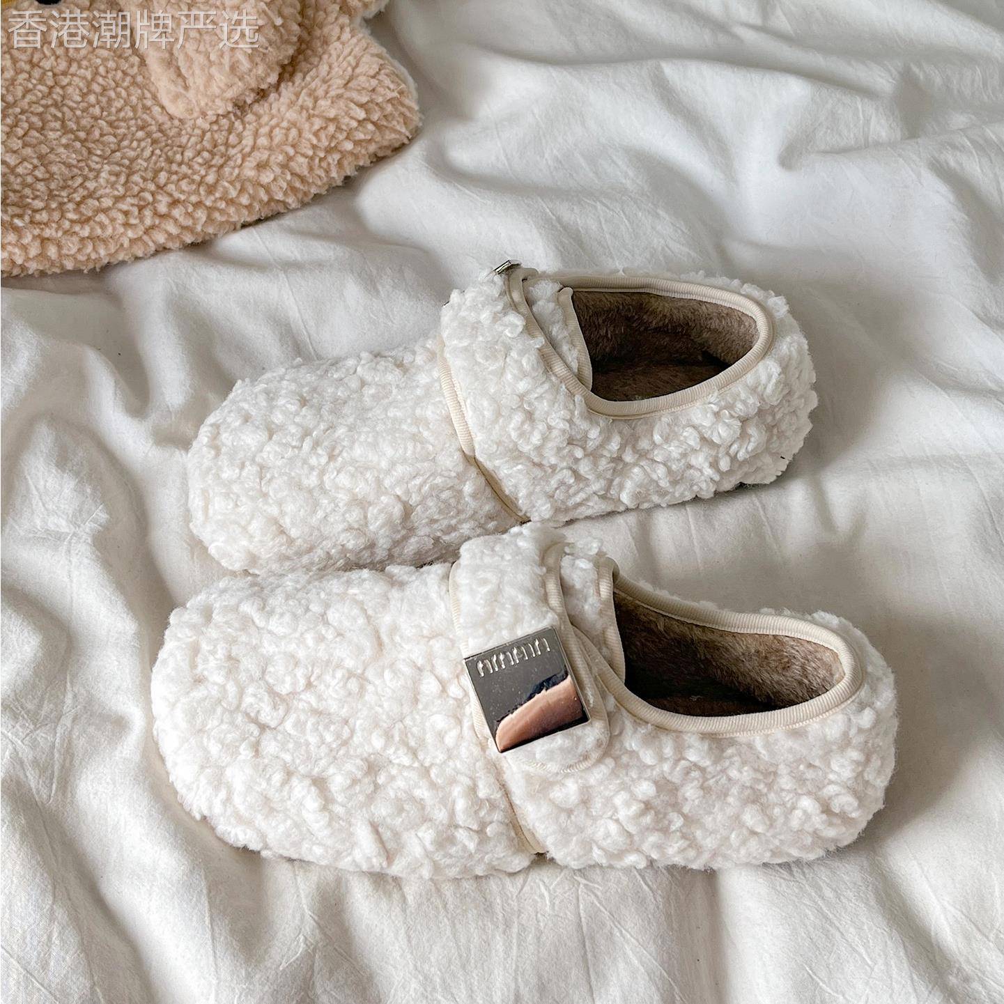 平底毛毛鞋女外穿新款秋冬一脚蹬时尚保暖勃肯鞋加绒保暖豆豆棉鞋