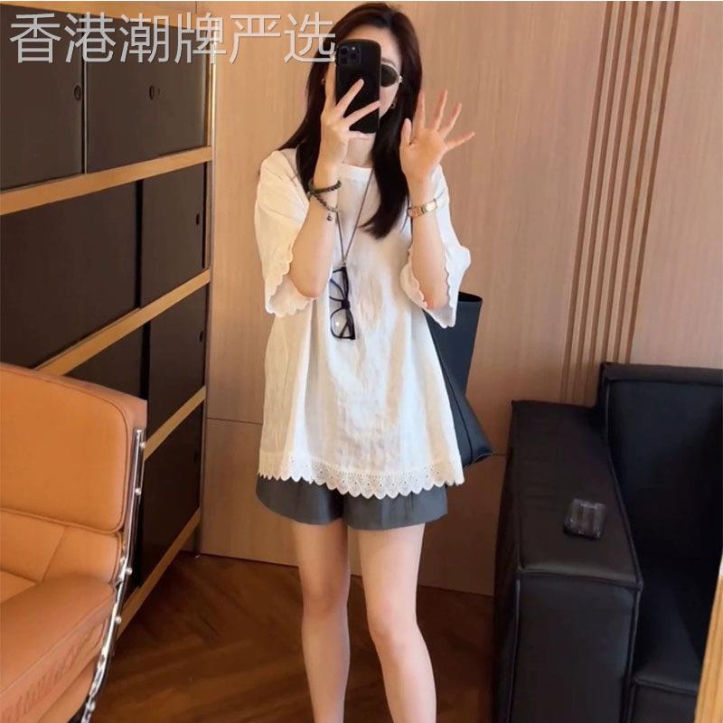 中长版蕾丝花边拼接短袖T恤女2026年夏季新款欧货宽松时尚上衣潮