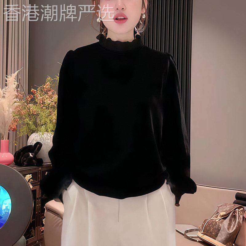 法式木耳边黑色金丝绒圆领长袖衬衫女2026秋季穿搭新款显瘦打底衫