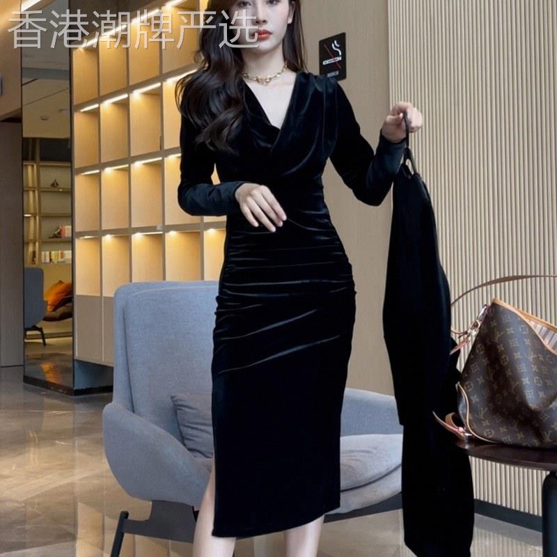 金丝绒洋装女春秋季深圳欧货长袖气质女人味小个子法式黑色裙子