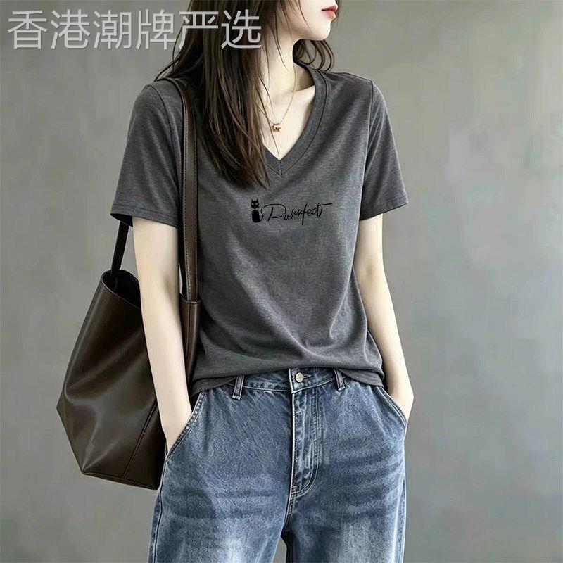 韩版宽松显瘦V领短袖t恤女装花灰色气质减龄时尚百搭柔软舒适上衣