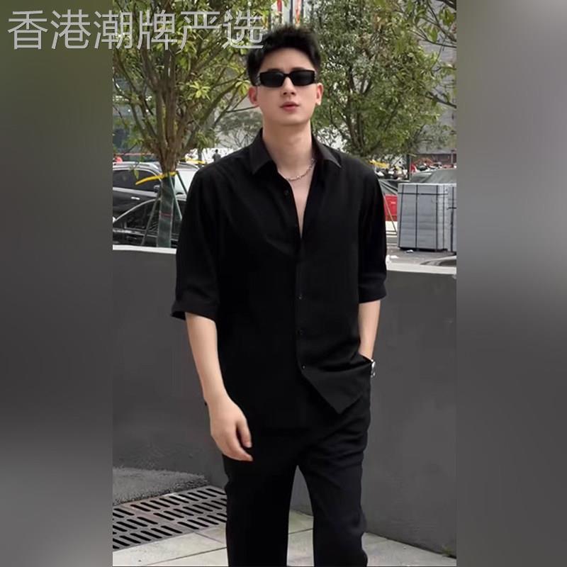 那不勒斯黑色短袖冰丝衬衫男士2026新款夏季高级感五分袖衬衫男款