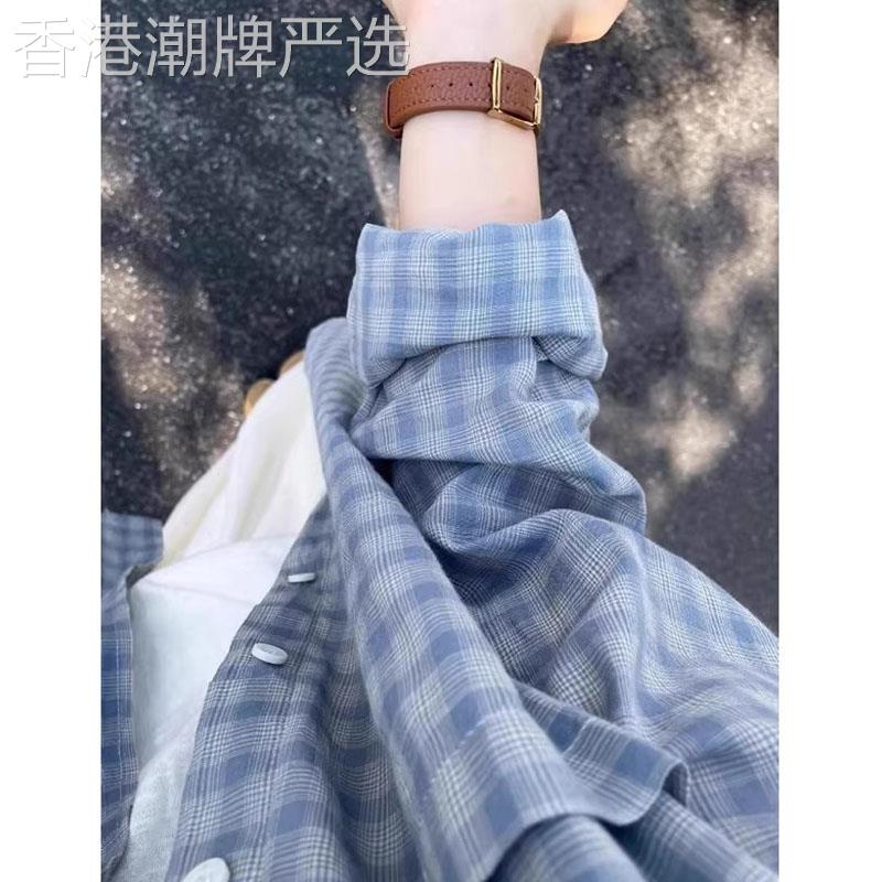 蓝色格子防晒衬衫女夏季欧货外搭衬衣宽松慵懒风薄款开衫外套上衣