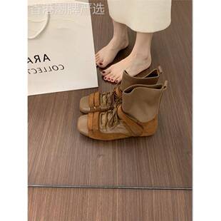 潮牌小众设计感拳击靴新款高帮赛车靴子方头平底针织瘦瘦靴短靴女