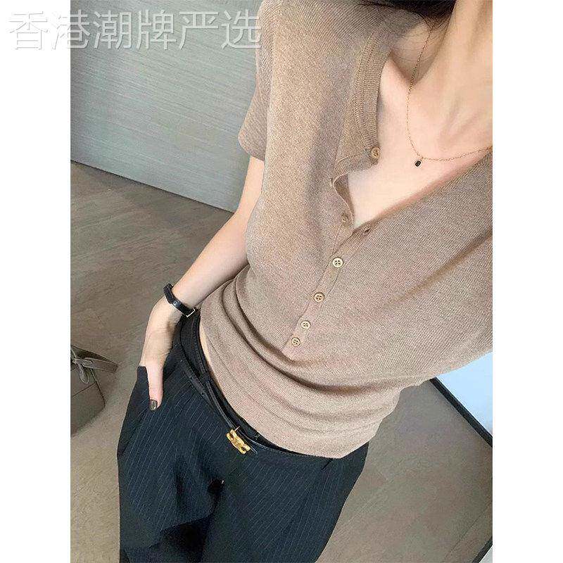卡其色冰丝针织短袖t恤女夏季2026年新款小个子老钱风正肩V领上衣