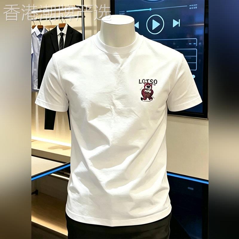 高端情侣百搭纯棉短袖t恤男款2026夏季卡通小熊印花休闲半袖上衣