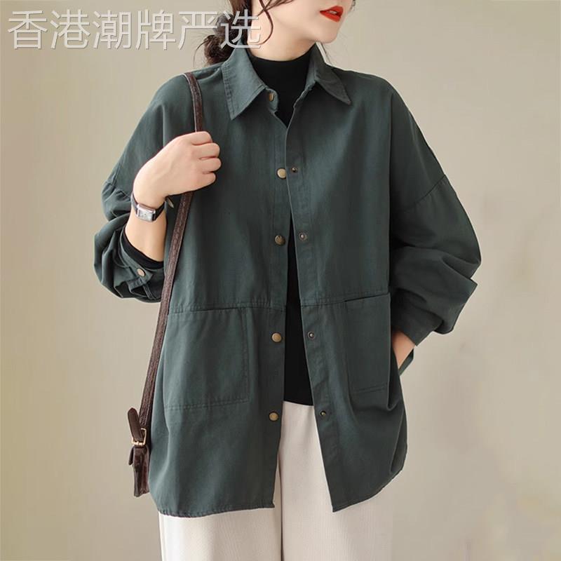 潮牌纯色大码棉质工装外套女2025春秋季中长款宽松显瘦开衫衬衣