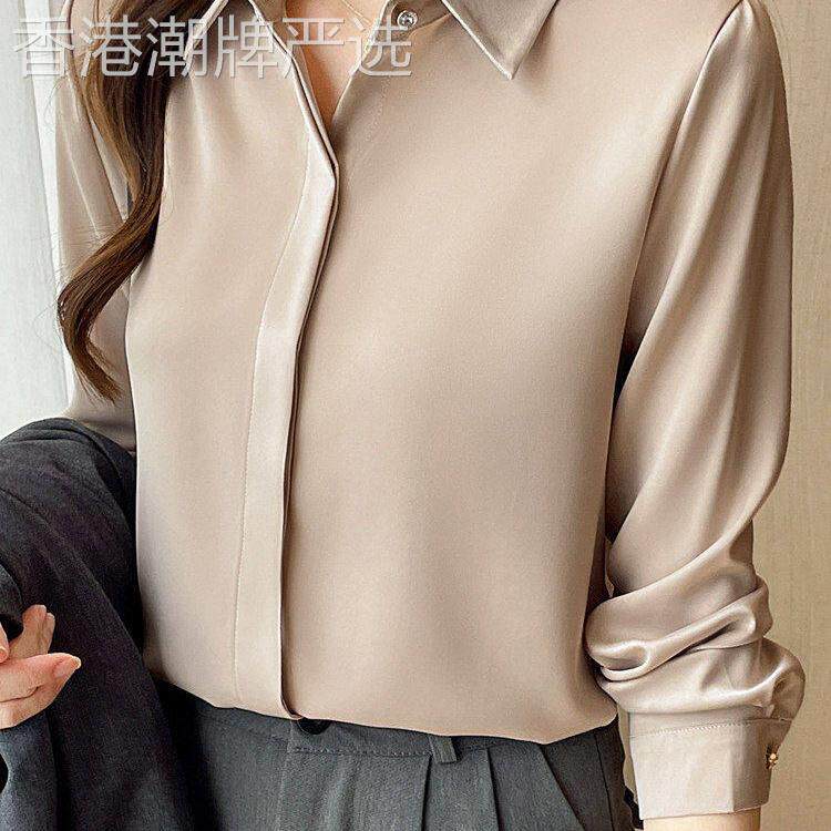 韩国高端醋酸缎面白衬衫女春秋长袖职业正装衬衫垂顺抗皱面试上衣