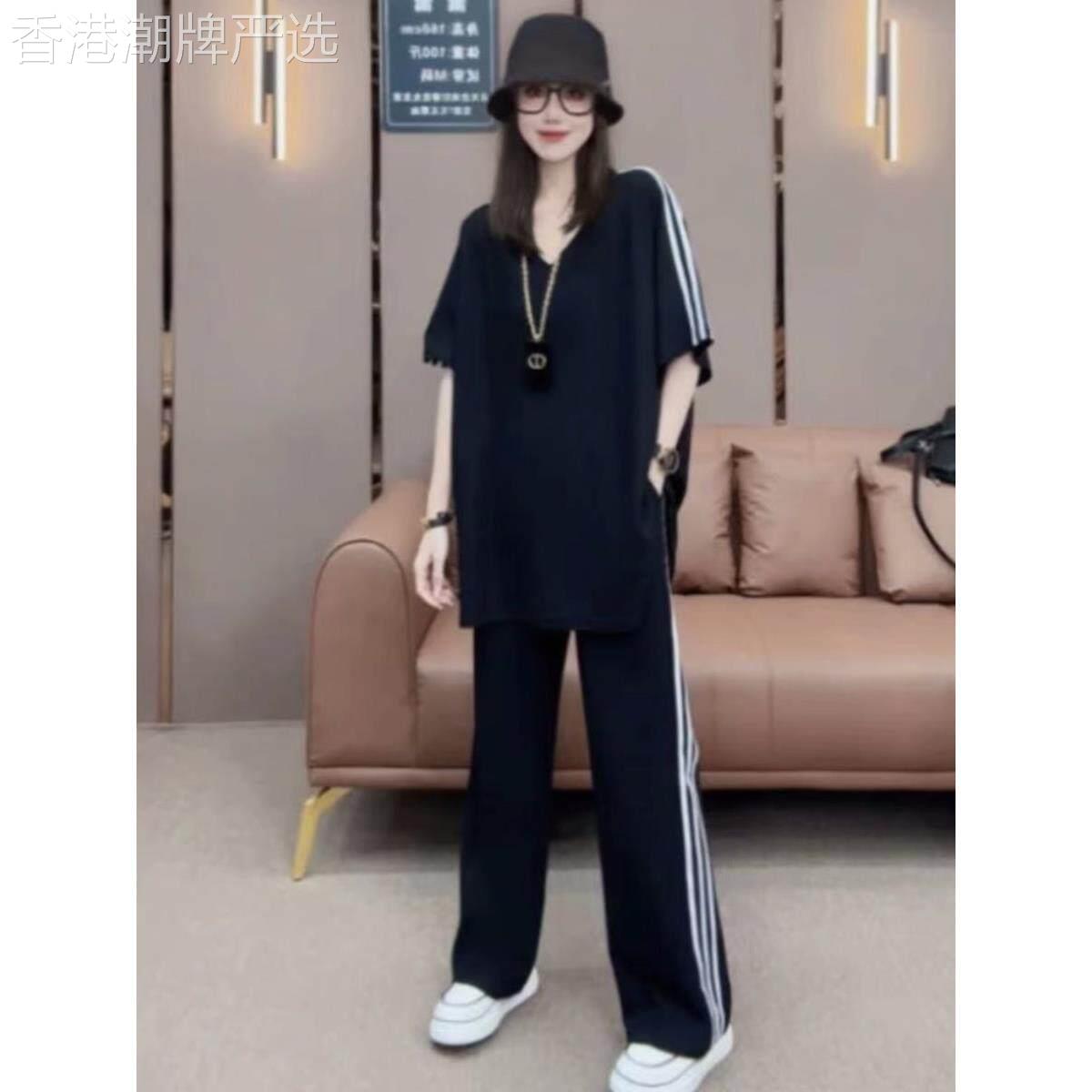 黑色三条杠大版运动服套装女夏季欧货大码胖mm宽松长裤休闲两件套