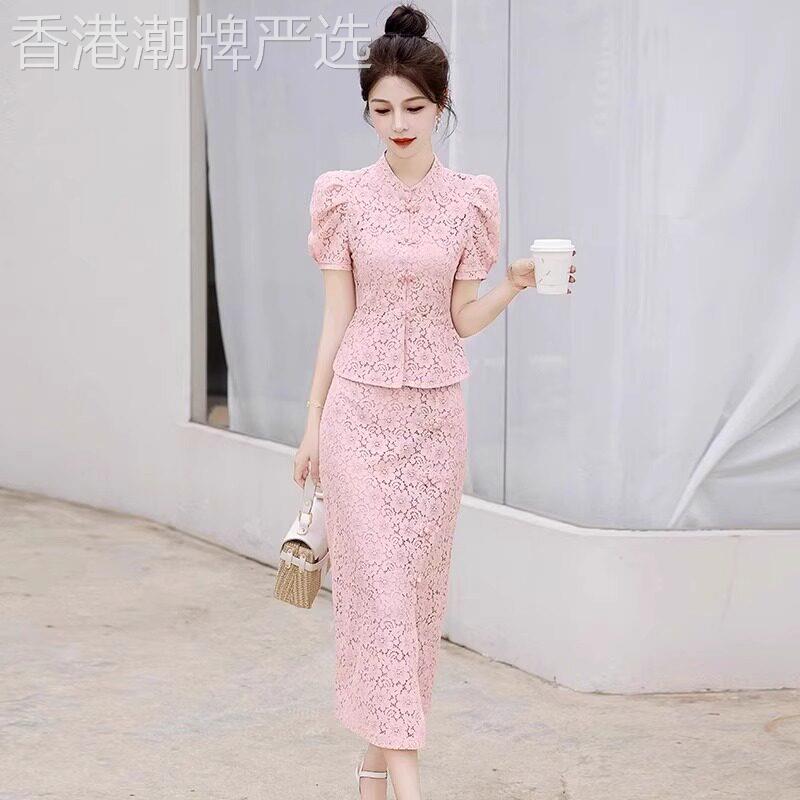 时尚套装女2026新款夏季薄款新中式改良旗袍蕾丝上衣半身裙两件套