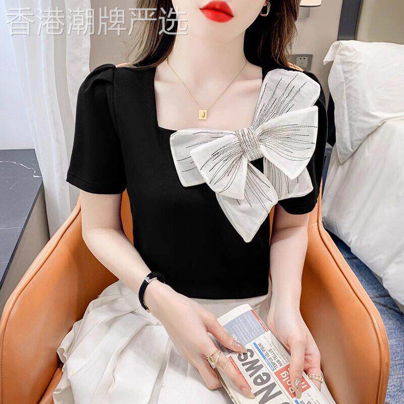 黑色短袖T恤女2026新款夏季方领蝴蝶结设计感小众时尚短衬衫上衣