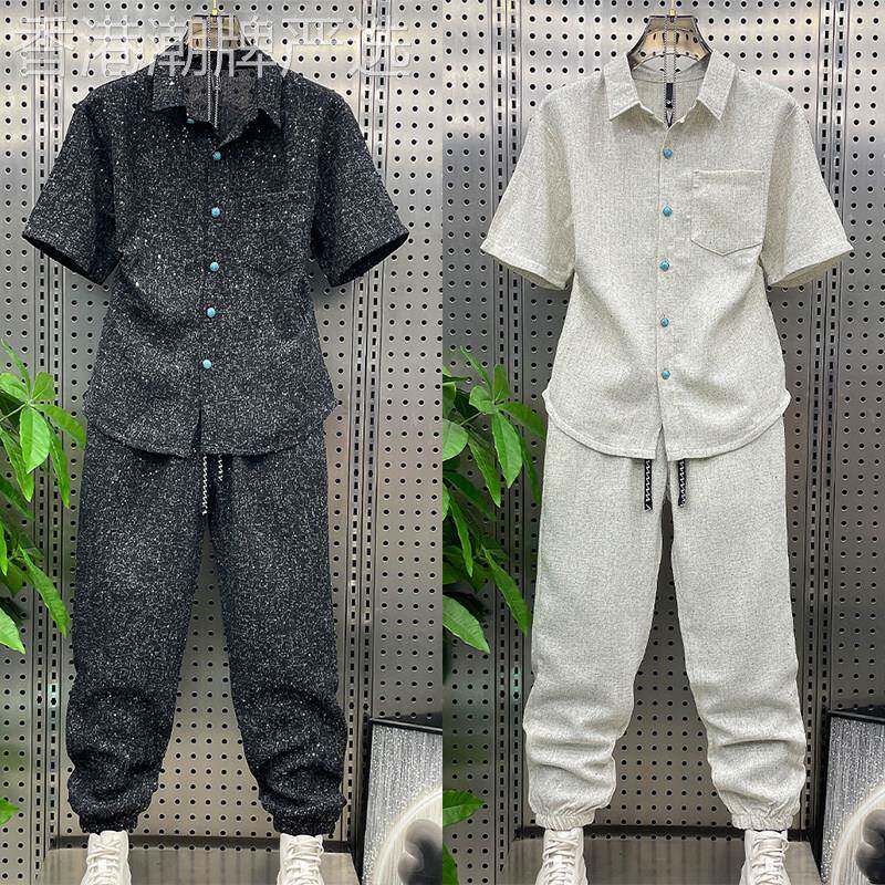 夏季新款轻薄休闲运动套装男潮流帅气百搭弹力短袖衬衫长裤两件套