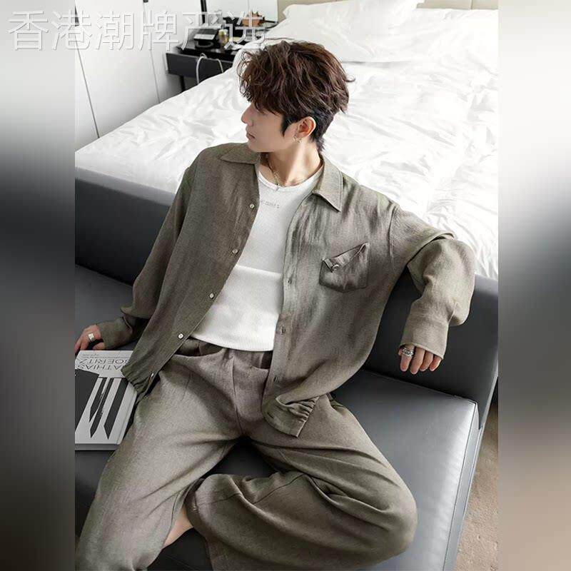 高端老钱风棉麻长袖衬衫男士2026春夏季新款宽松亚麻西服一整套潮