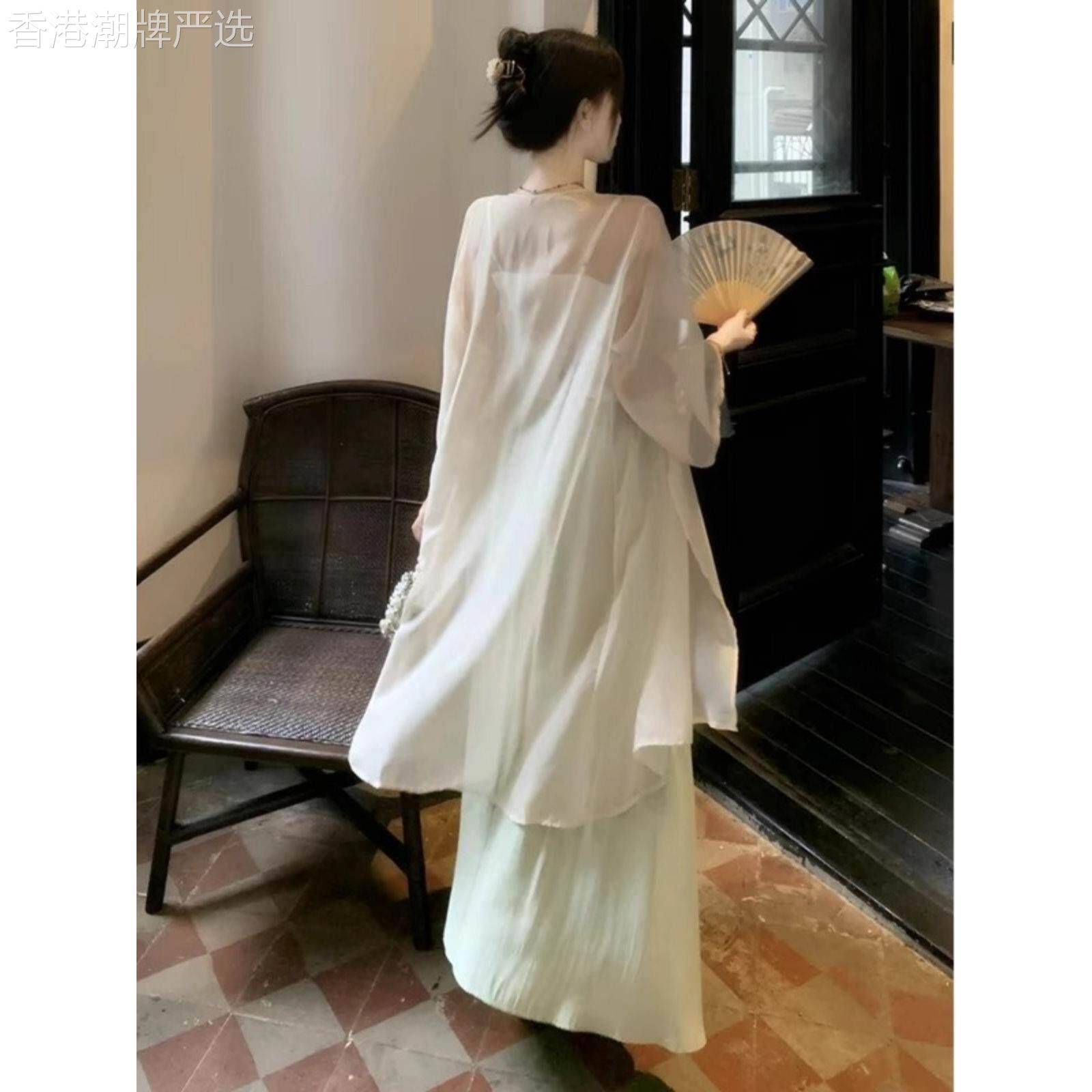 新中式冰丝防晒开衫女夏国风中长版长袖披肩薄纱微透旗袍外搭上衣
