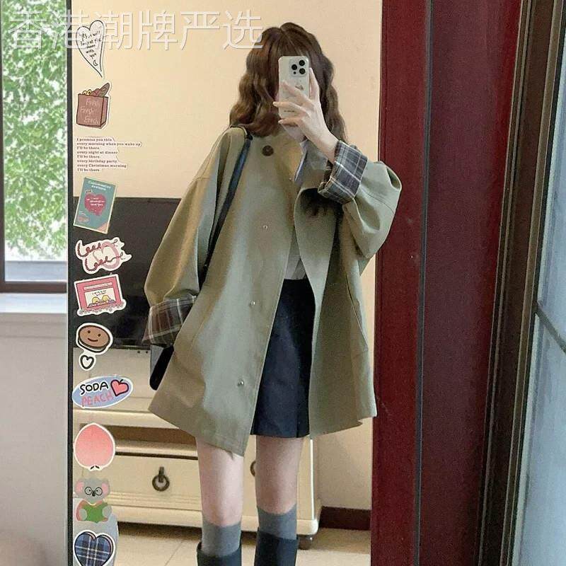 韩版宽松风衣外套女春秋2026新款小个子格纹翻领夹克上衣慵懒时尚