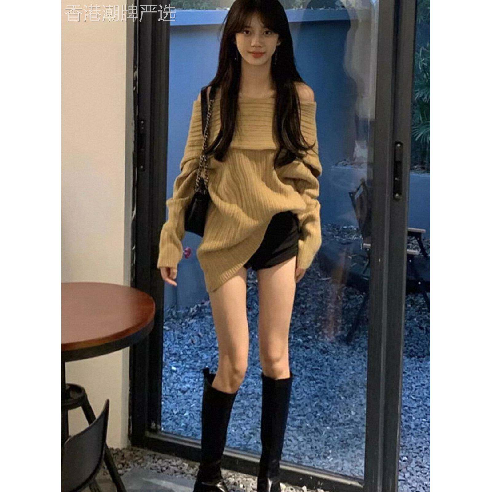 卡其色秋冬女单肩领毛衣欧式慵懒风格大码肥mm温柔露肩针织上衣
