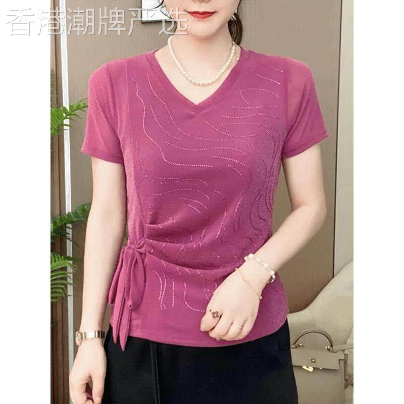 韩国高贵洋派烫钻短袖T恤女夏季新款V领妈妈小衫收腰绑带气质上衣