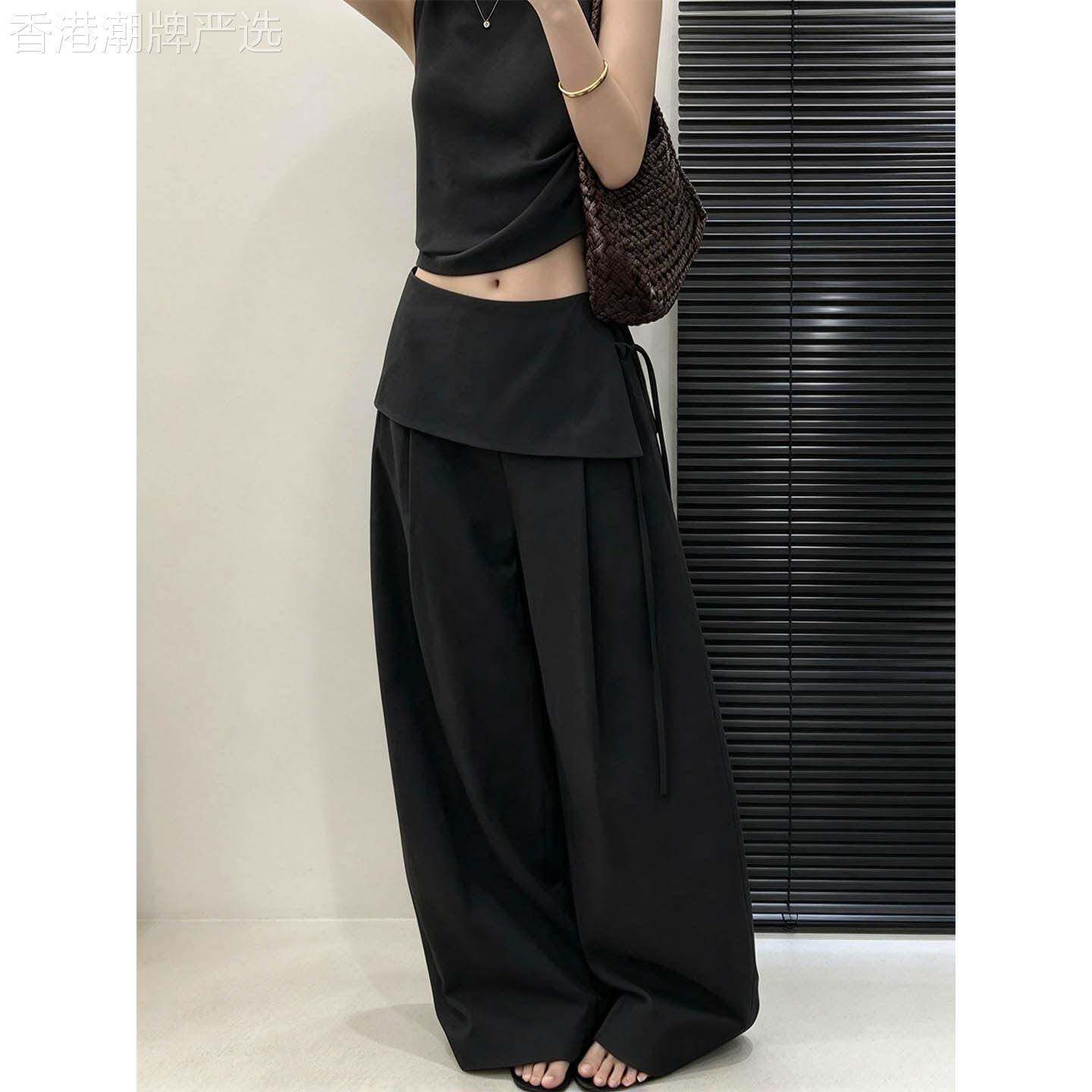 韩系假两件屁帘阔腿裤女春秋季欧货高腰显瘦直筒长裤宽松休闲裤子