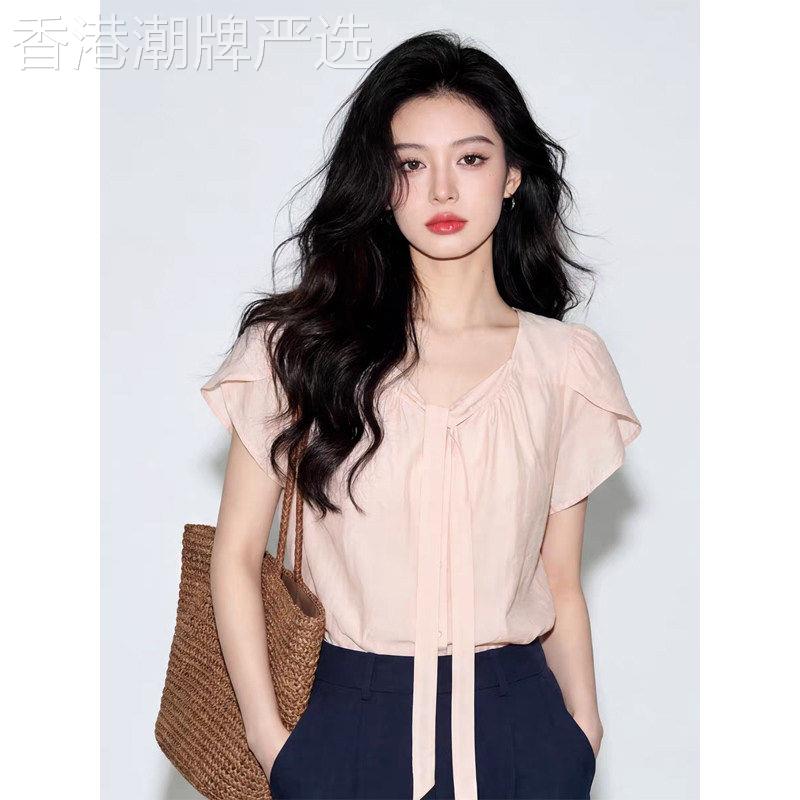 独特漂亮巨好看设计感上衣女超火减龄夏季薄款杏粉色飘带短袖衬衫