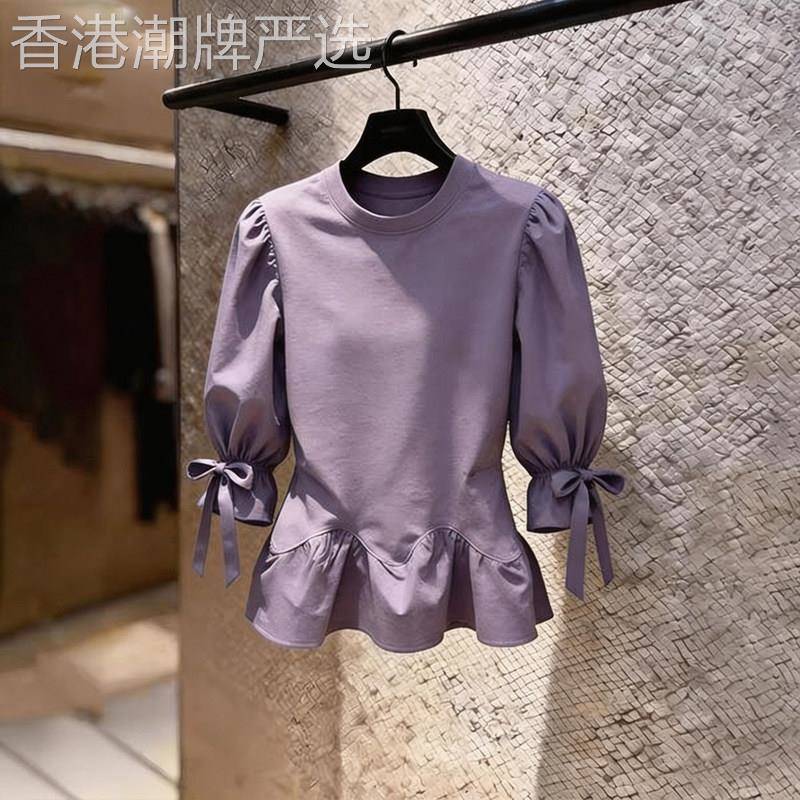 轻奢风紫色七分袖绑带上衣女2026年夏季新款百搭显瘦气质通勤衬衫