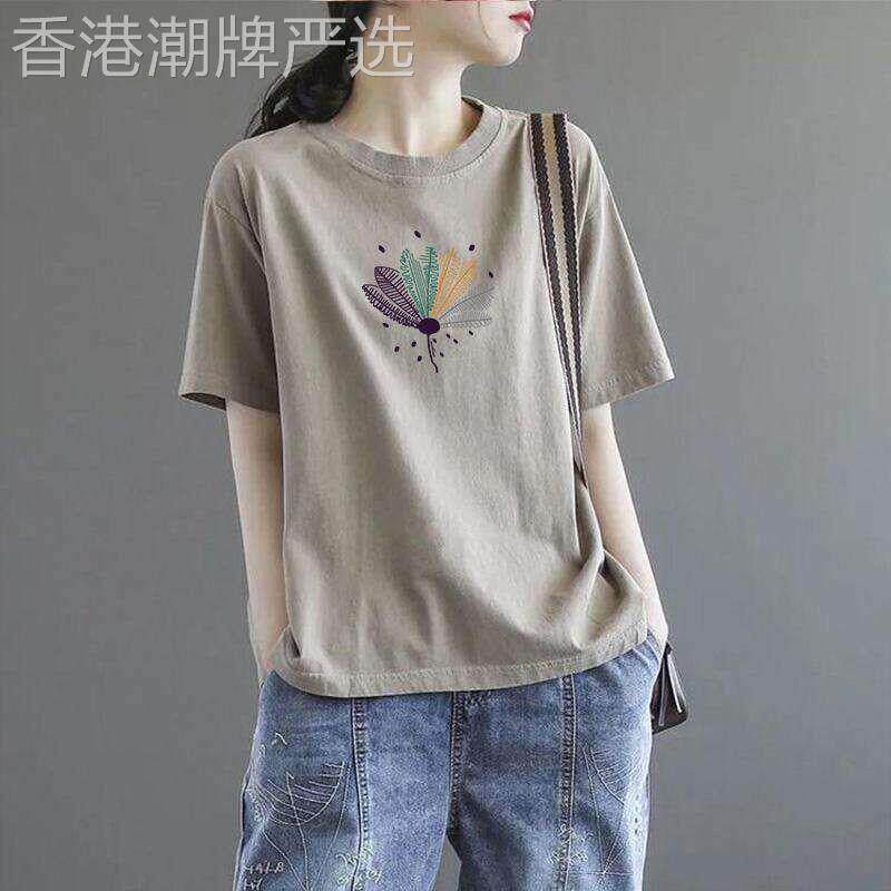 中年妈妈圆领100%纯棉短袖T恤女士夏季薄款宽松大码洋气减龄上衣