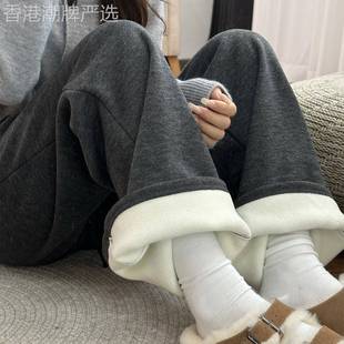 灰色加绒加厚糯米阔腿裤女2025冬季新款高腰垂感休闲保暖直筒裤子