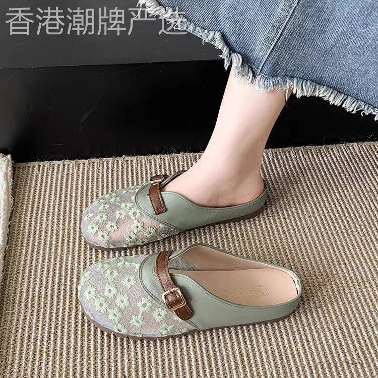 网面包头半拖鞋女2025年春夏新款一脚蹬懒人鞋渔夫鞋外穿平底单鞋图片