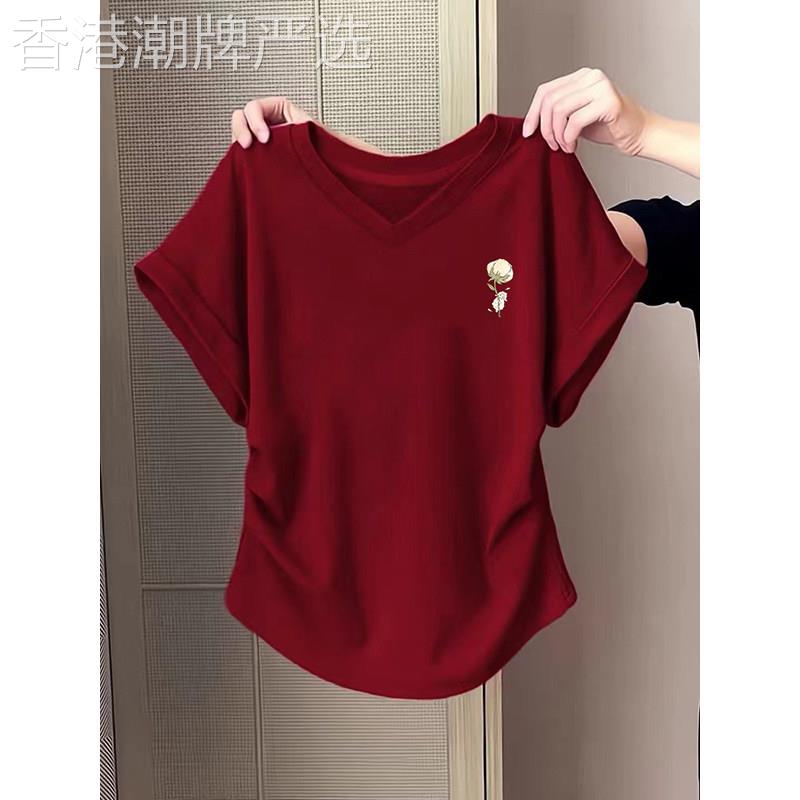 酒红色正肩V领短袖T恤女纯棉夏天设计感收腰显瘦弧形下摆短款上衣