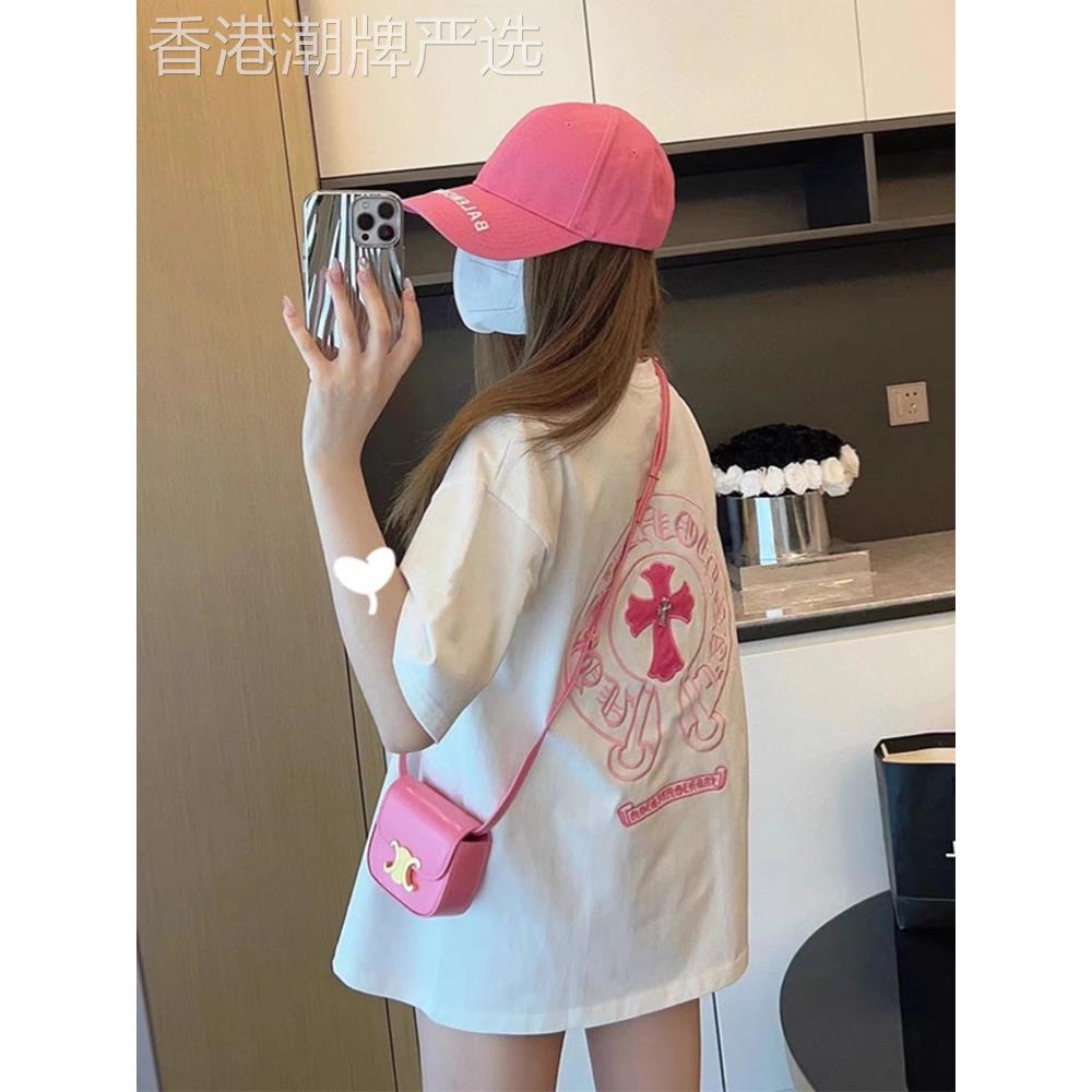潮牌欧货十字架刺绣短袖T恤女2025年夏季新款休闲百搭遮屁股上衣