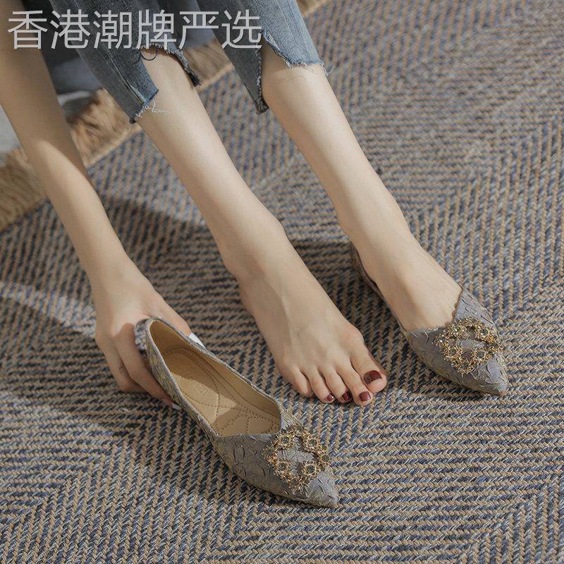 尖头包鞋女2025新款百搭网红平底浅口低跟软皮豆豆鞋晚晚风温柔鞋