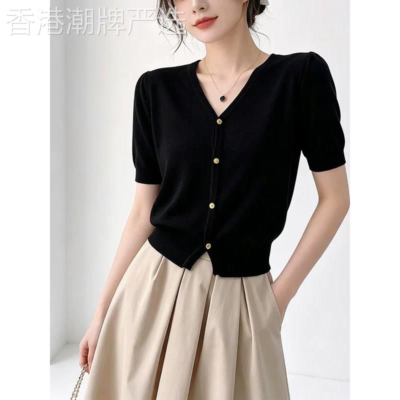 黑色冰丝针织V领短袖T恤女装夏季薄款收腰短款独特漂亮巨好看上衣