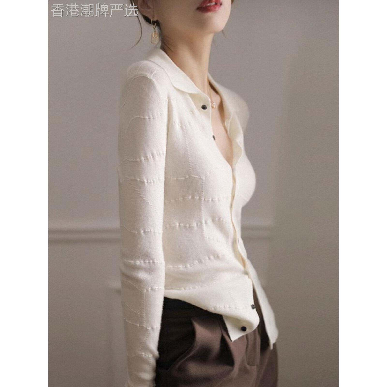 白色针织开衫女秋冬季欧货v领长袖修身显瘦翻领毛衣大码短款上衣