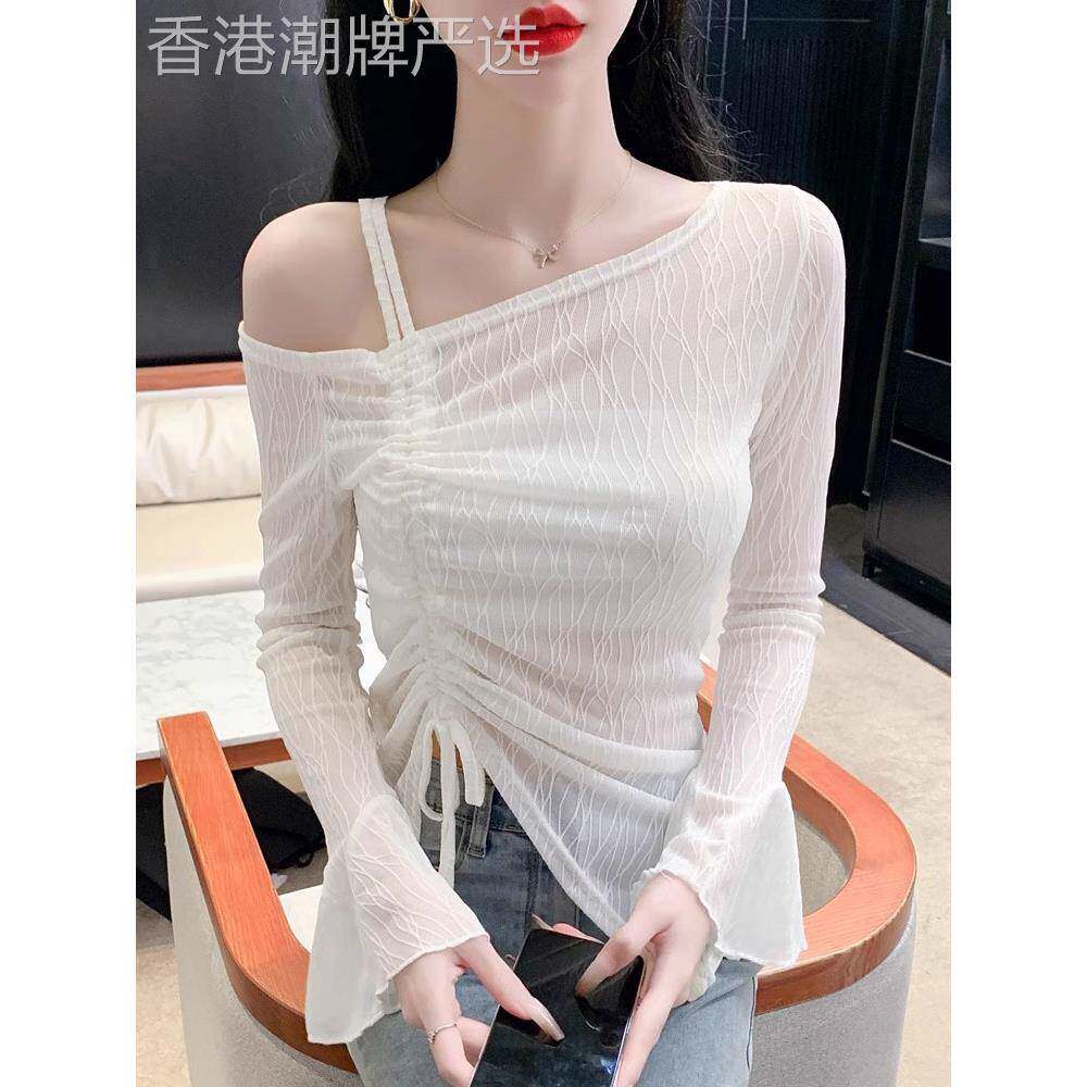 雪纺衫女夏季薄款2025新款长袖t恤修身显瘦不规则打底衫露肩上衣