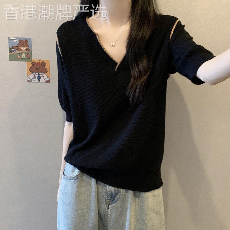 黑色V领欧货冰丝针织短袖T恤女夏季2025新款大尺码胖mm显瘦遮肚上