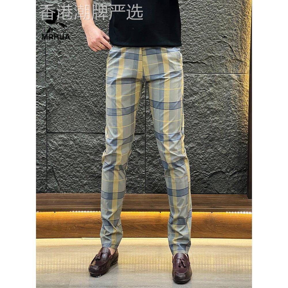 欧洲站商务男士直筒小西裤夏季款潮流修身免烫长裤高端格子休闲裤