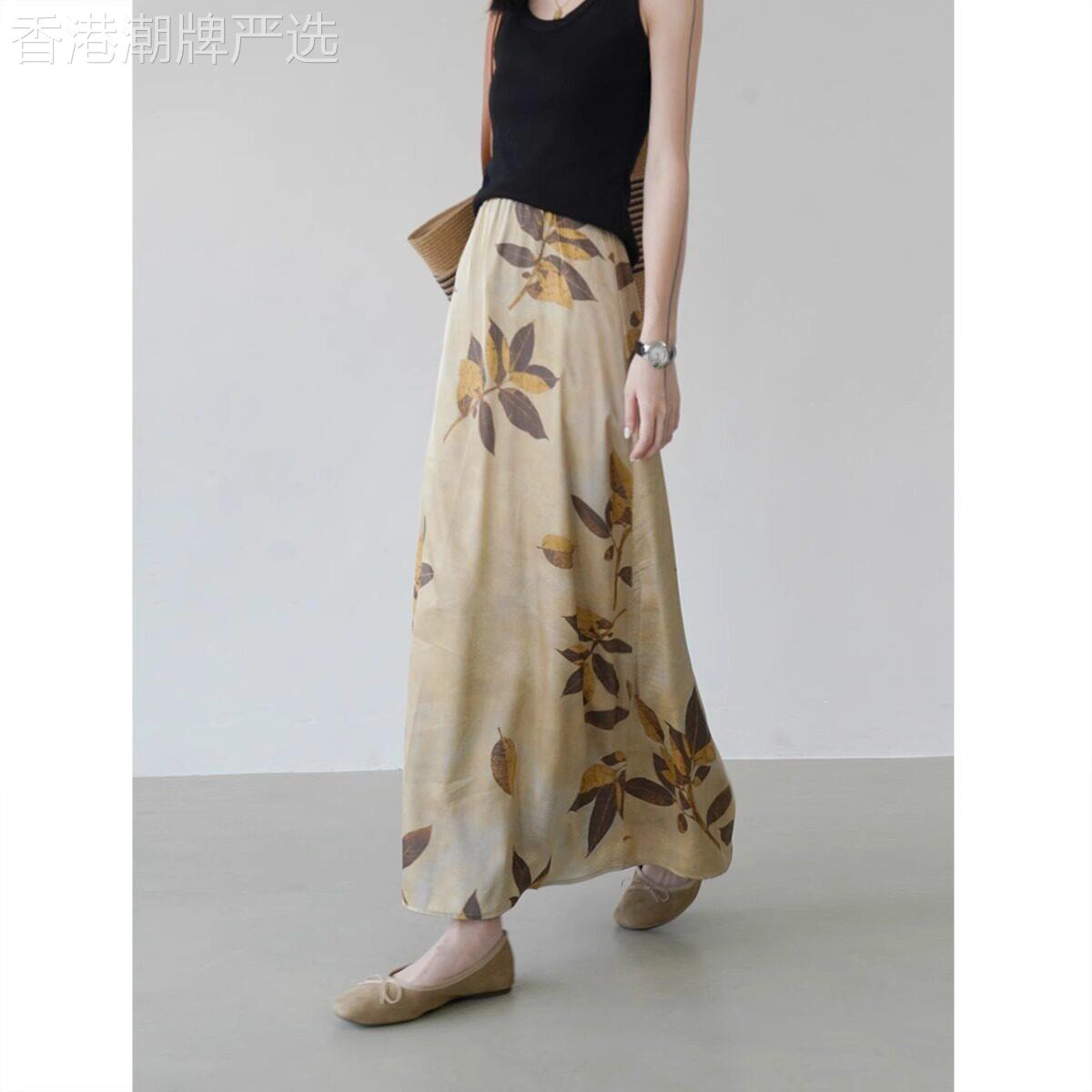新中式半身裙女夏季薄款2026新款国风禅意落叶印花气质显瘦A字裙