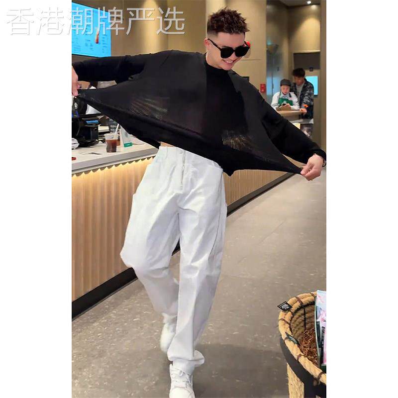 黑色微透视冰丝棉麻长袖T恤男士夏季薄款高级感痞帅宽松防晒罩衫
