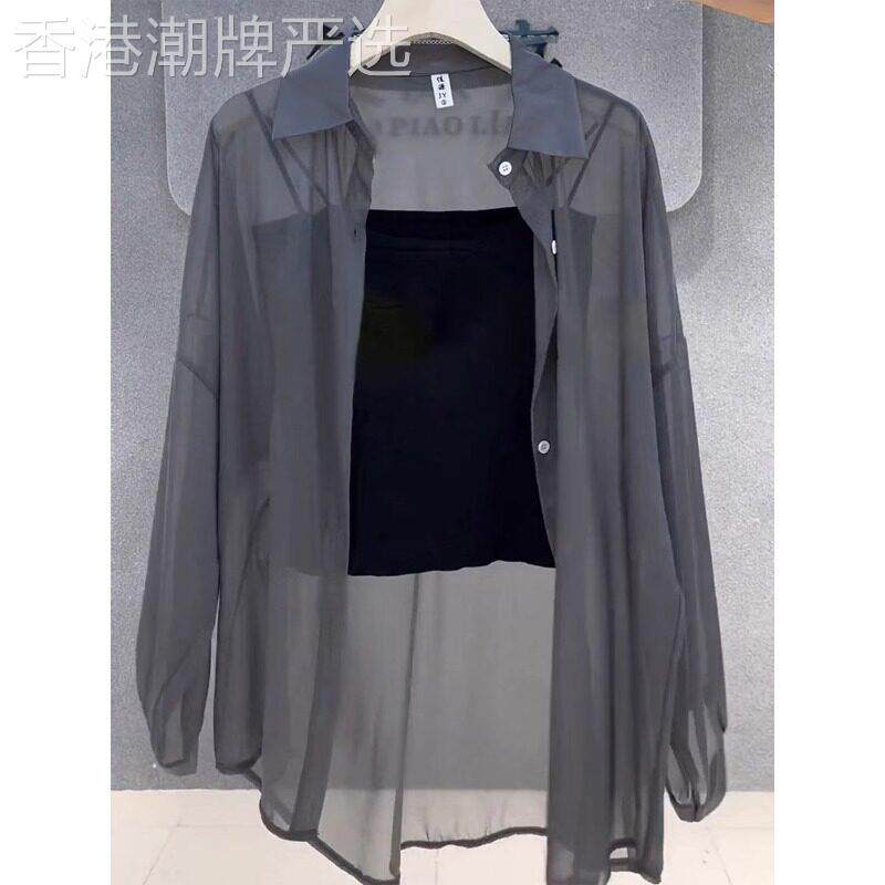 冰丝雪纺开衫防晒服女夏季薄款配吊带裙外搭罩衫灰色防晒衬衫上衣