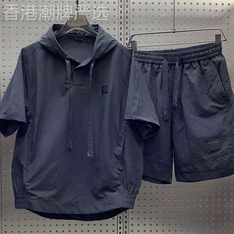 潮牌轻薄透气防晒连帽短袖短裤套装男夏季潮流简约纯色宽松两件套
