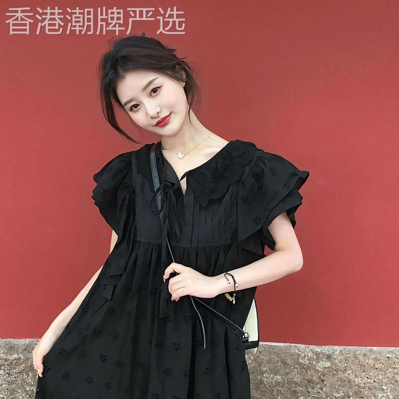 法式赫本风黑色荷叶边洋装女2026春季新款独特超好看镂空长裙子
