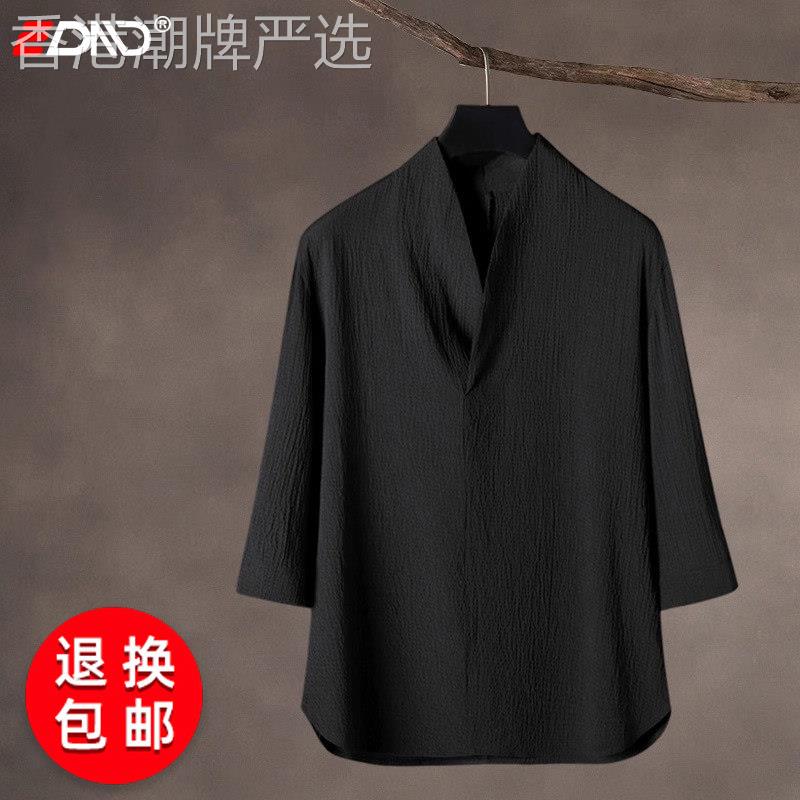 中国风男装短袖T恤男士2026夏季新款V领复古新中式汉服七分袖套装
