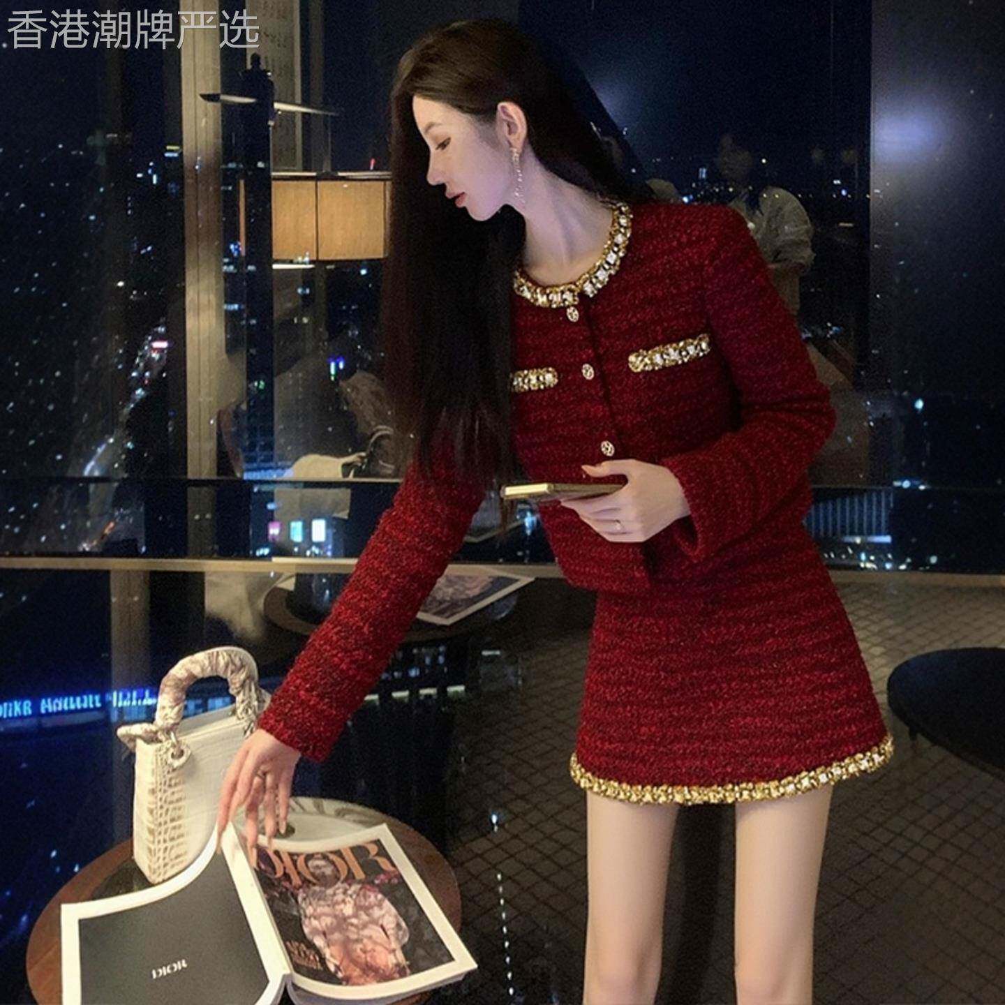 欧洲站秋装2026年新款高级感小香风外套女短款红色短裙套装两件套